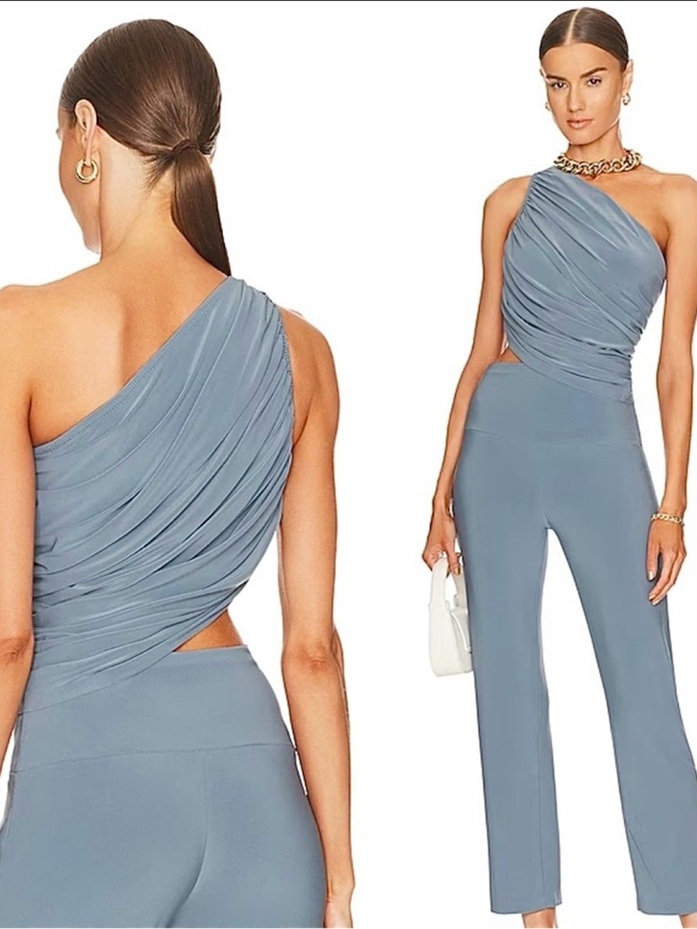 NORMA KAMALI Diana One Shoulder Stretch Ruched Bra Top XS Soft Blue NEW